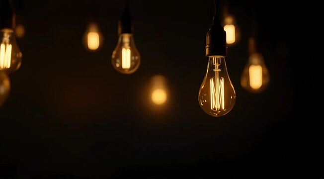A close-up view of several warm, golden Edison-style light bulbs hanging against a dark background.