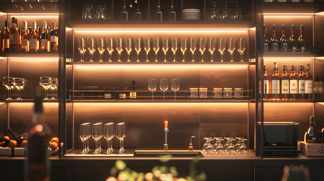 A well stocked bar with bottles glasses and a tap under warm lighting in a modern setting indoors