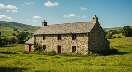 Fototapeta premium Rural Stone Farmhouse in Picturesque Green Valley Landscape