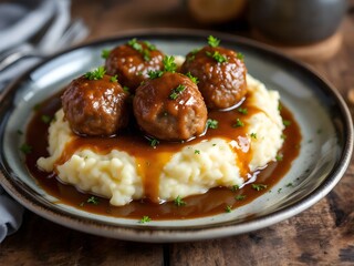 Fresh meatballs with sauce and cream mashed potatoes