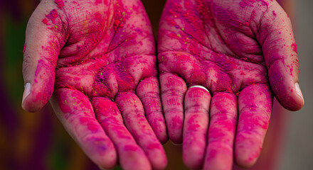 Hands Displaying Vibrant Pink Holi Powder Ring Visible CloseUp View