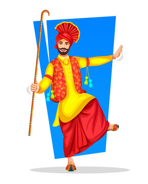 Vector illustration of Punjabi Bhangra dancer with bhangra props Khunda or Daang performing a folk dance step with hand gestures. Lohri or Baisakhi festival celebration