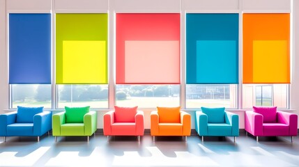 Vibrant rainbow roller blinds and matching armchairs line a large window, casting colorful shadows on the floor
