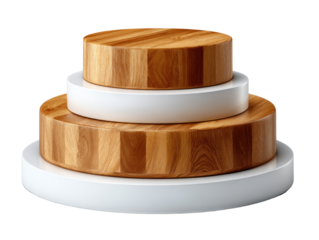 Elegant tiered cake stands showcase culinary creations on a modern display, with unique circular wooden top and white base .