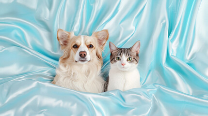Cute dog and cat lying on shiny elegant silk fabric blue backgorund. advertising festival spa pet salon fashion decoration party retro poster