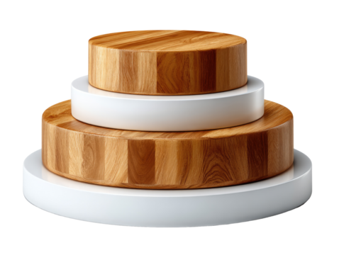 Elegant tiered cake stands showcase culinary creations on a modern display, with unique circular wooden top and white base .