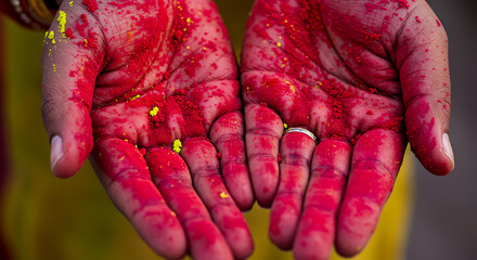 Hands Cupped Vivid Red and Yellow Holi Powder Ring Visible CloseUp