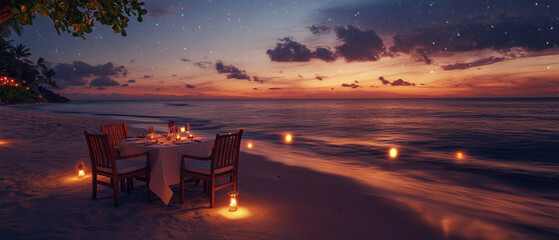 Romantic candlelit dinner for two on sandy beach at s et, with gentle waves lapping at shore and lanterns illuminating scene, creating serene atmosphere
