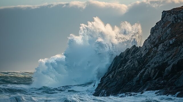 A powerful wave crashing against a rocky coastline, creating white foam