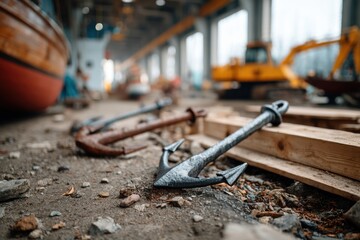 Naklejka premium Anchors on the ground in a busy shipyard with construction equipment in the background during daylight hours