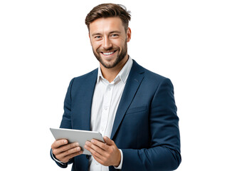 Corporate Executive Holding Tablet: A sophisticated business professional, dressed in a tailored suit, holds a digital tablet, beaming with confident smile, embodying modern business communication