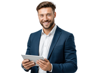 Corporate Executive Holding Tablet: A sophisticated business professional, dressed in a tailored suit, holds a digital tablet, beaming with confident smile, embodying modern business communication