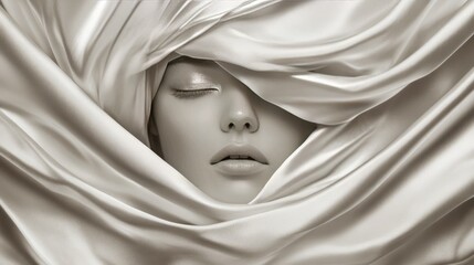 Woman's face draped in flowing white silk fabric with a smooth and elegant texture