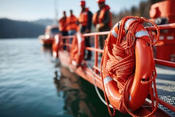 Lifesavers prepare for safety drills on a rescue boat at a lakeside location in the afternoon sun