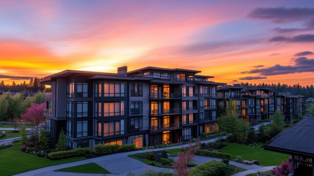 Modern apartment complex at sunset, large windows reflect the warm light. Use this for real estate ads, investment, or luxurious living concepts. - Powered by Adobe