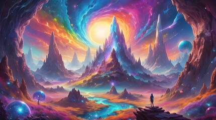 Fototapeta premium A mystical landscape features vibrant swirling colors with towering spires under a radiant sky. A lone figure stands on a rocky path, gazing at the celestial scene filled with planets & distant peaks