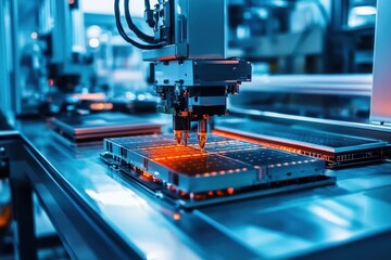 Fototapeta premium Semiconductor production line operational with advanced machinery performing intricate tasks, Advanced semiconductor production line in action, showcasing chip manufacturing