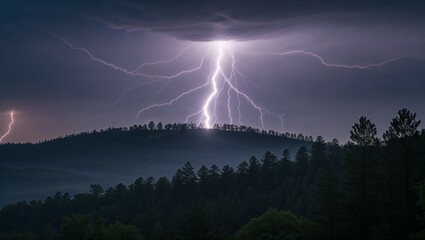 Bright flash of lightning reveals silhouette of pine grove on distant hill
