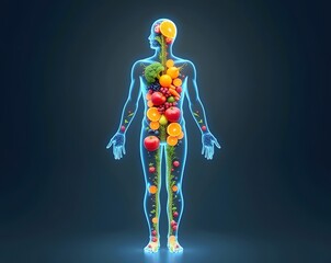 Healthy eating and nutrition concept human body filled with fruits vegies