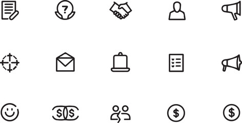 Create a kinds of Business marketing icon set. Containing agreement, donation, handshake, partnership, money, social media, megaphone, sponsor, purchase, Vector illustration vector art silhouette with