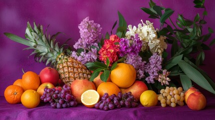 Vibrant still life of assorted fruits and flowers arranged on purple fabric.