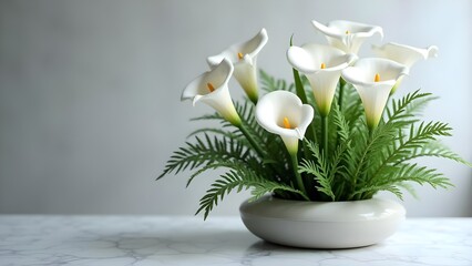 Elegant arrangement of white calla lilies and lush ferns in a ceramic vase on a marble table