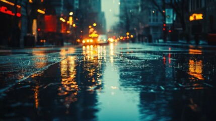 A rainy city street with reflections on the pavement, creating a dramatic and moody ambiance