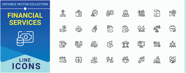 Financial Services icon set. Included commerce, payment, bank, accounting, deposit, business and more. Finance And Business icon collection. Editable stroke. Vector illustration.