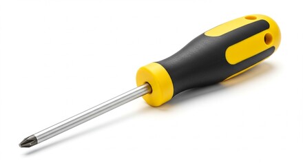 Industrial screwdriver with black and yellow handle, isolated on white background, shadowless, sharp detail