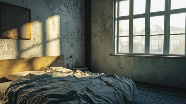 bedroom with wooden bed frame and morning sunlight through window illuminating wall