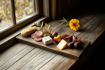 Rustic charcuterie board with cheeses, cured meats, fresh fruits, olives, and artisan bread