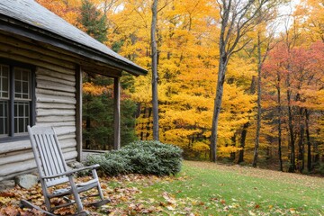 Cozy log cabin surrounded by vibrant autumn foliage, showcasing colorful leaves in a serene forest setting, perfect for nature lovers and seasonal themes.