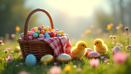 Festive Easter Scene: Chicks, Eggs, and a Basket in a Sunny Spring Meadow