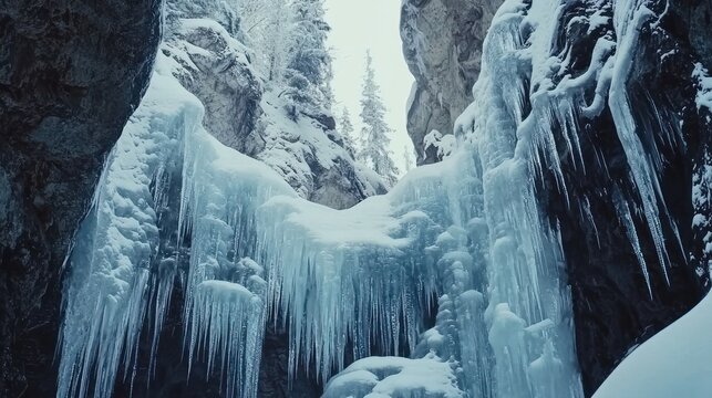 A frozen winter waterfall with icicles hanging from the rock formations, surrounded by snow