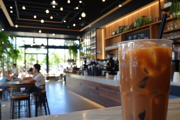 Cozy Modern Café Scene Featuring Ice Coffee in a Transparent Cup with Stylish Interior Design, Warm Lighting, and Customers Enjoying Their Beverages