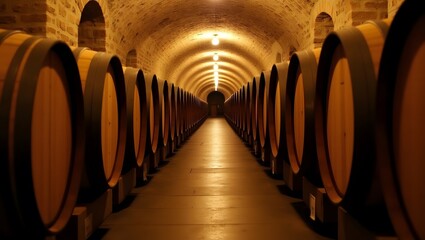 Wine cellar with oak barrels aging wine in winery storage and aging room