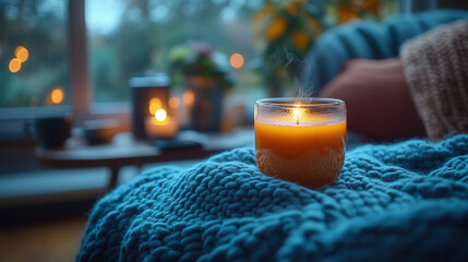 A cozy and relaxing space featuring a warm blanket, a steaming cup of tea, and softly glowing candles 