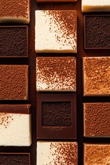 Fototapeta premium Knolling composition of tiramisu squares with espresso cups and cocoa powder