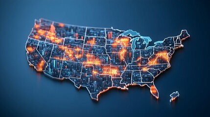 3D illuminated map of the USA, showing varying intensities of orange and blue light across its cities, suggesting data visualization of population density or economic activity