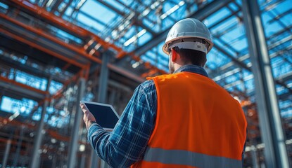 Construction Site Worker Overseeing Steel Framework with Tablet: Male in Safety Gear at Industrial Building Project Under Bright Blue Sky