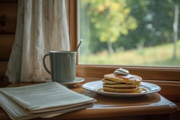 Cozy Morning Scene Featuring Pancakes with Syrup and Cream, a Cup of Coffee, and an Open Book by the Window with a Beautiful Nature Background