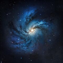 Spiralling galaxy  in shades of turquoise and blue and purple dotted with stars