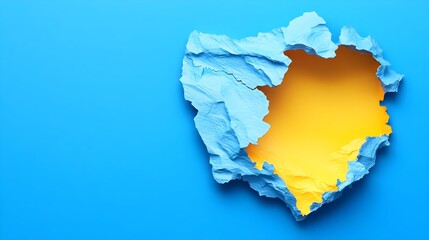 A vibrant blue surface with a ragged hole revealing a bright yellow background.  The torn edges are textured and uneven