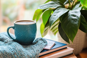 Cozy Morning Scene with Blue Mug on a Stack of Books Surrounded by Green Plant, Perfect for Relaxation and Inspiration in a Bright Indoor Environment