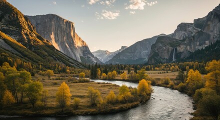 Majestic Yosemite Valley Autumn Landscape River Mountains and Golden Trees