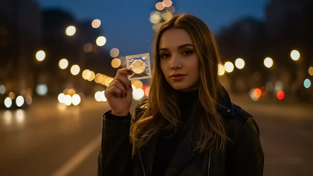 Young woman holding a condom in city street.