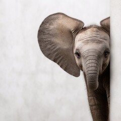 Young elephant peeking around a wall, showcasing curiosity in a serene environment