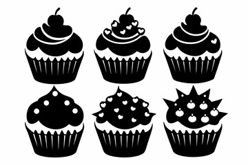 6 set cupcakes  silhouette vector