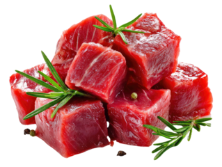 Appetizing Meat Cubes: A vibrant display of fresh, raw meat cubes, carefully arranged, seasoned with fragrant herbs, offering a tempting glimpse into culinary preparation.