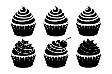 6 set cupcakes  silhouette vector